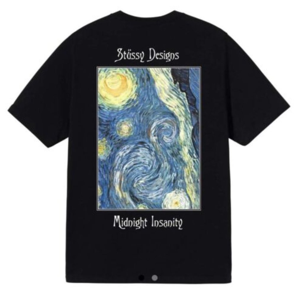NEW STÜSSY MIDNIGHT INSANITY BLACK T-SHIRT SZ LARGE - Picture 1 of 5